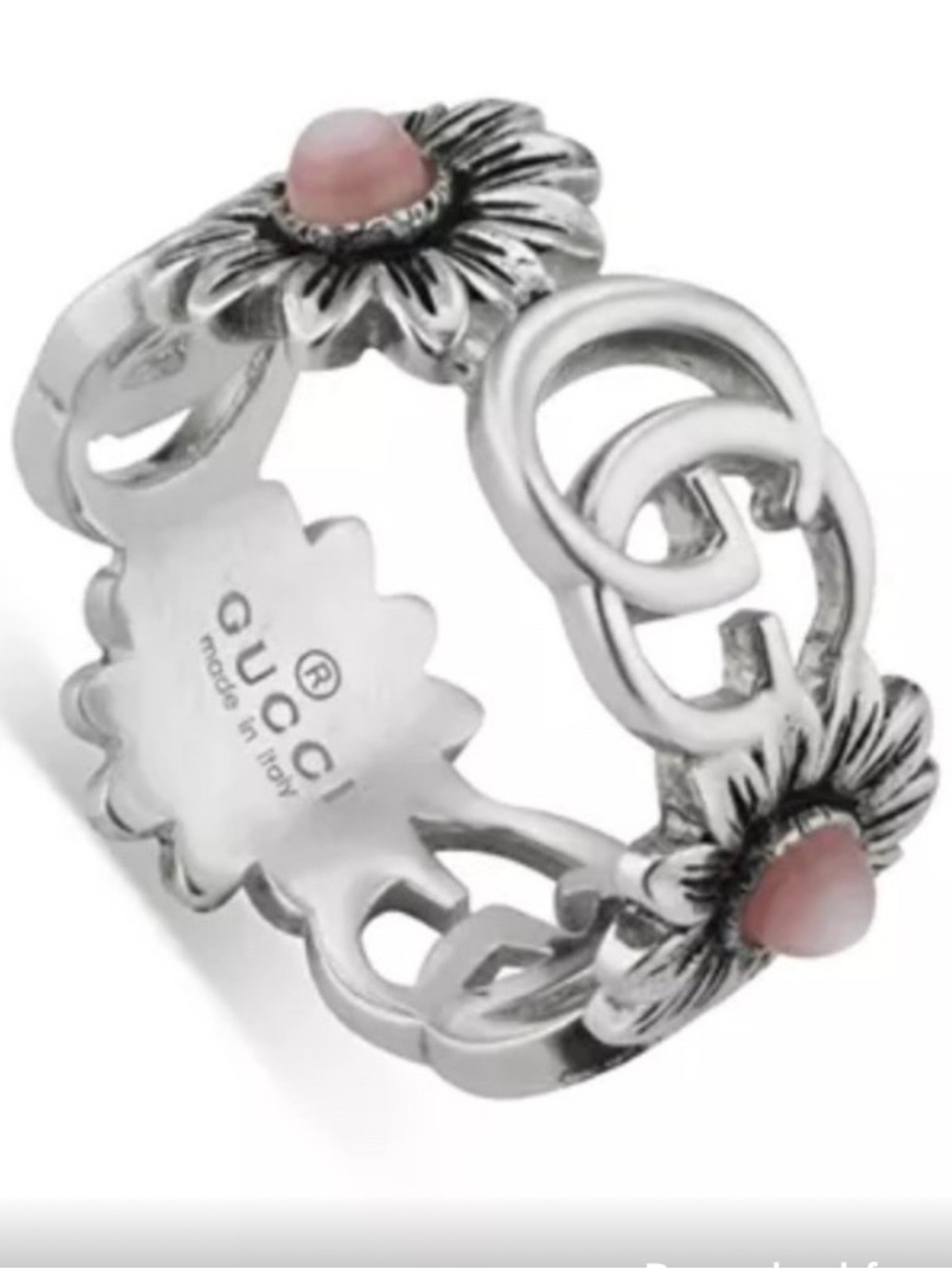 Gucci Silver Double G Floral Ring with Pink Cabochons